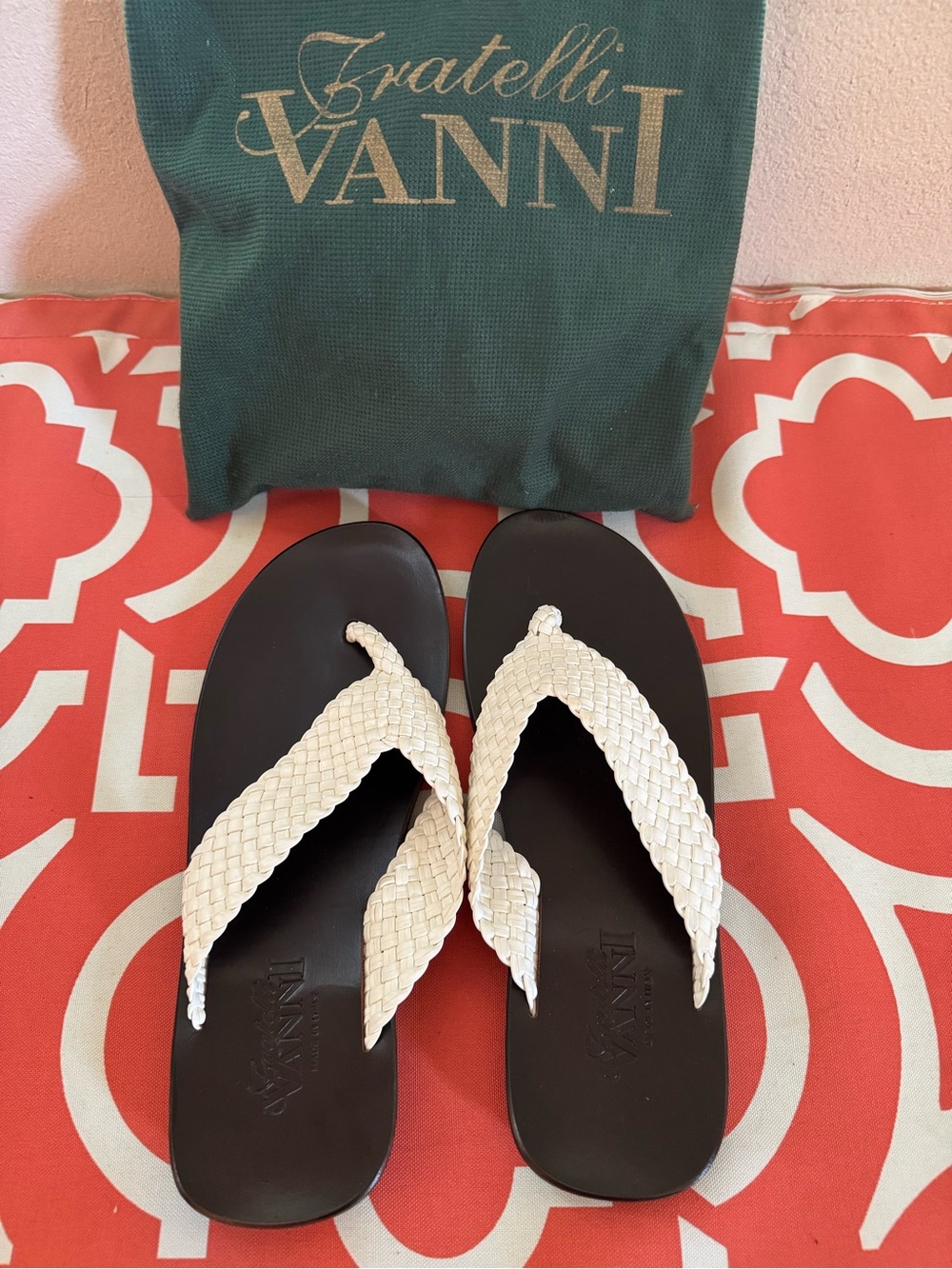 VANNI Italian Woven White Strap dark brown leather footbed sandals